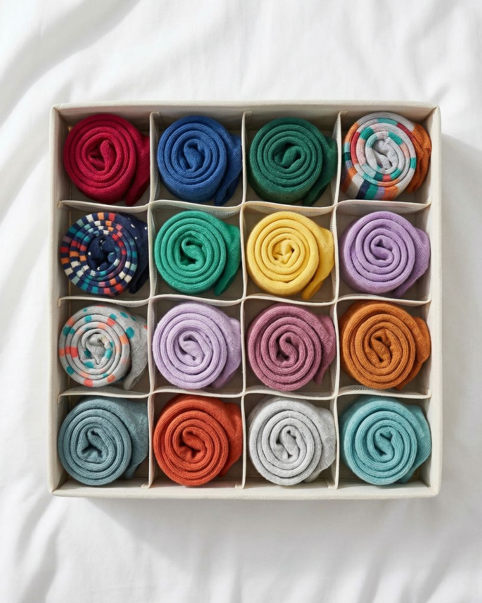 Meias enroladas em caixa organizadora, várias cores e padrões