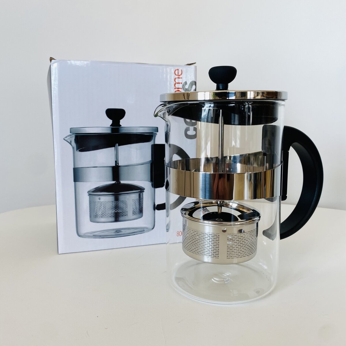 Prensa francesa transparente para chá ou café com caixa