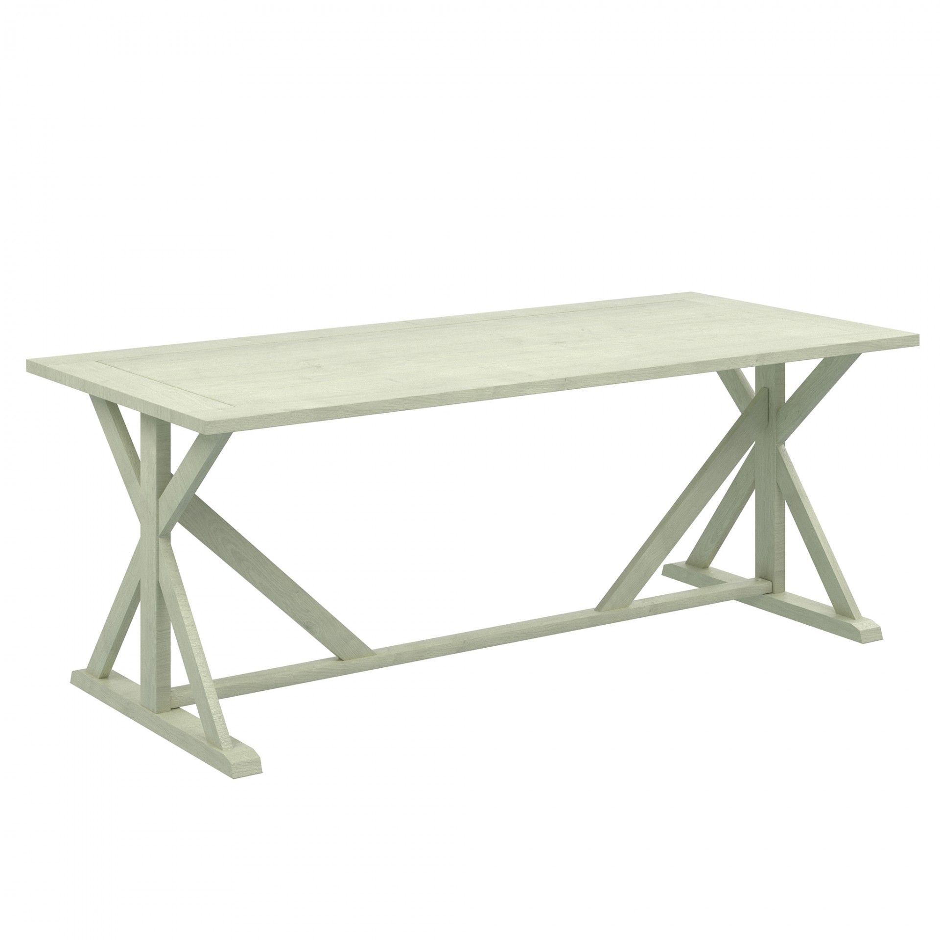 Mesa de madeira cinza claro com pernas em X e tampo retangular