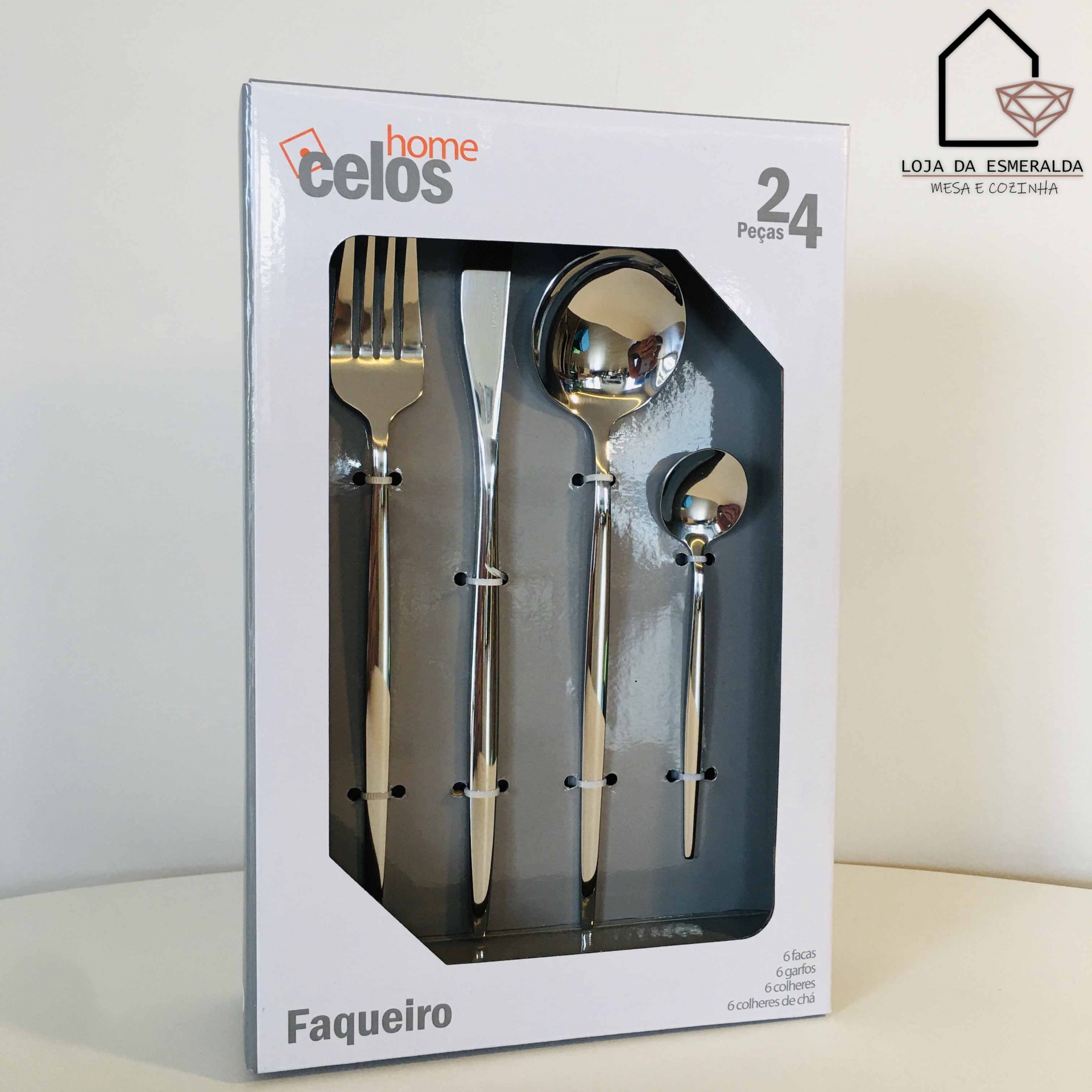 Conjunto faqueiro inox 24 peças Celos Home em embalagem branca com janela