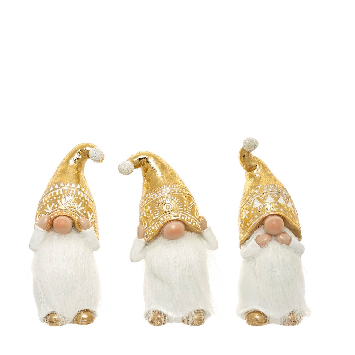 Três decorações de gnomos com chapéus dourados e barbas brancas