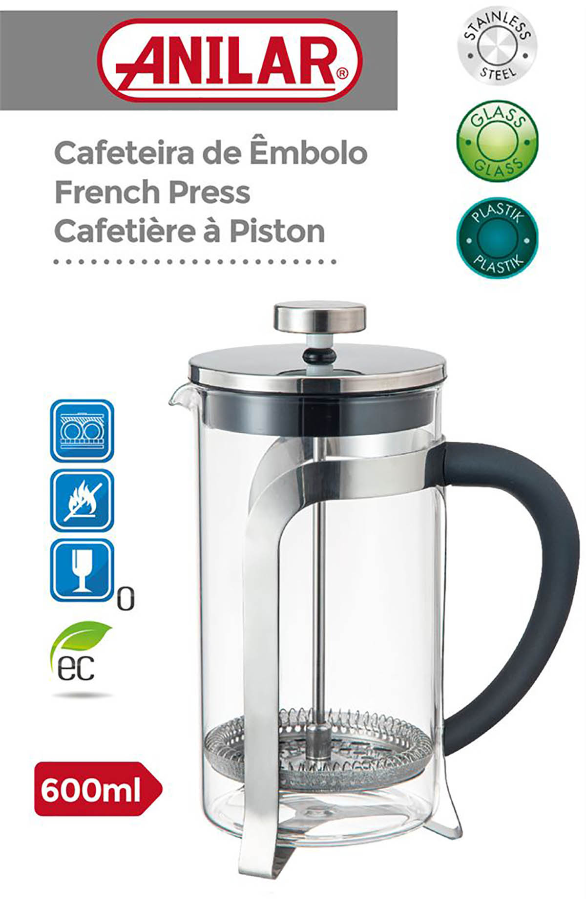 Cafeteira de êmbolo ANILAR em vidro, aço inoxidável e plástico preto com capacidade de 600ml