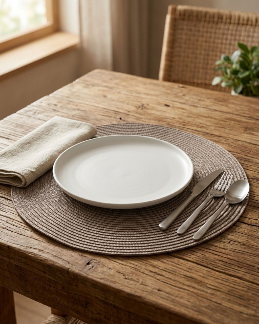Mesa de madeira com prato branco, talheres de aço e guardanapo bege num descanso de prato trançado.