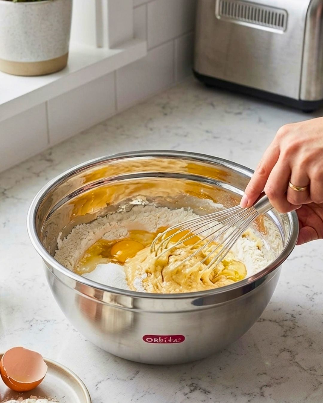 Tigela de aço inoxidável com ingredientes para fazer massa e batedor de arames numa bancada de cozinha.