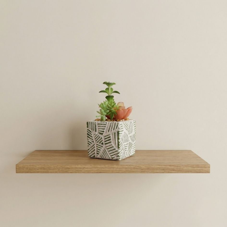 Vaso quadrado branco com padrão geométrico verde com plantas suculentas em prateleira de madeira