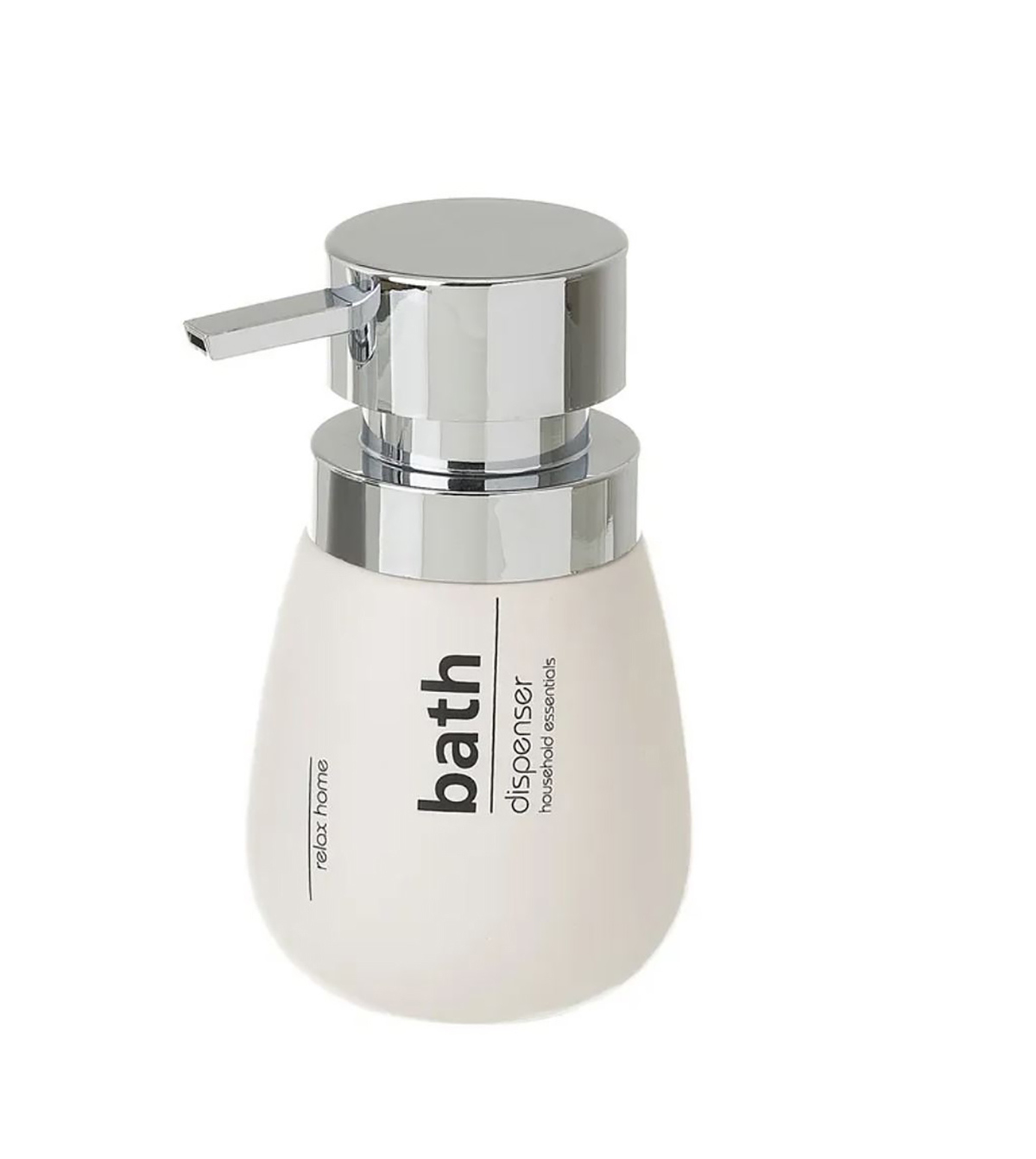 Dispenser para sabonete líquido branco com tampa cromada e texto em preto.