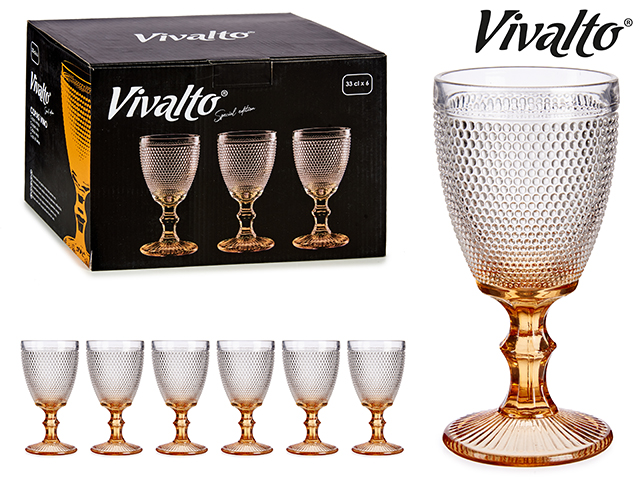 Conjunto de seis copos de vidro âmbar e transparente Vivalto com padrão bolha e caixa preta.