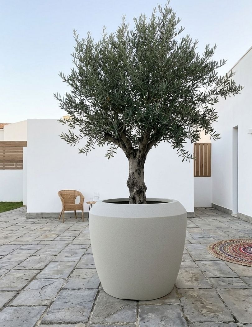 Vaso grande cinzento claro com árvore num espaço exterior com cadeira e tapete.