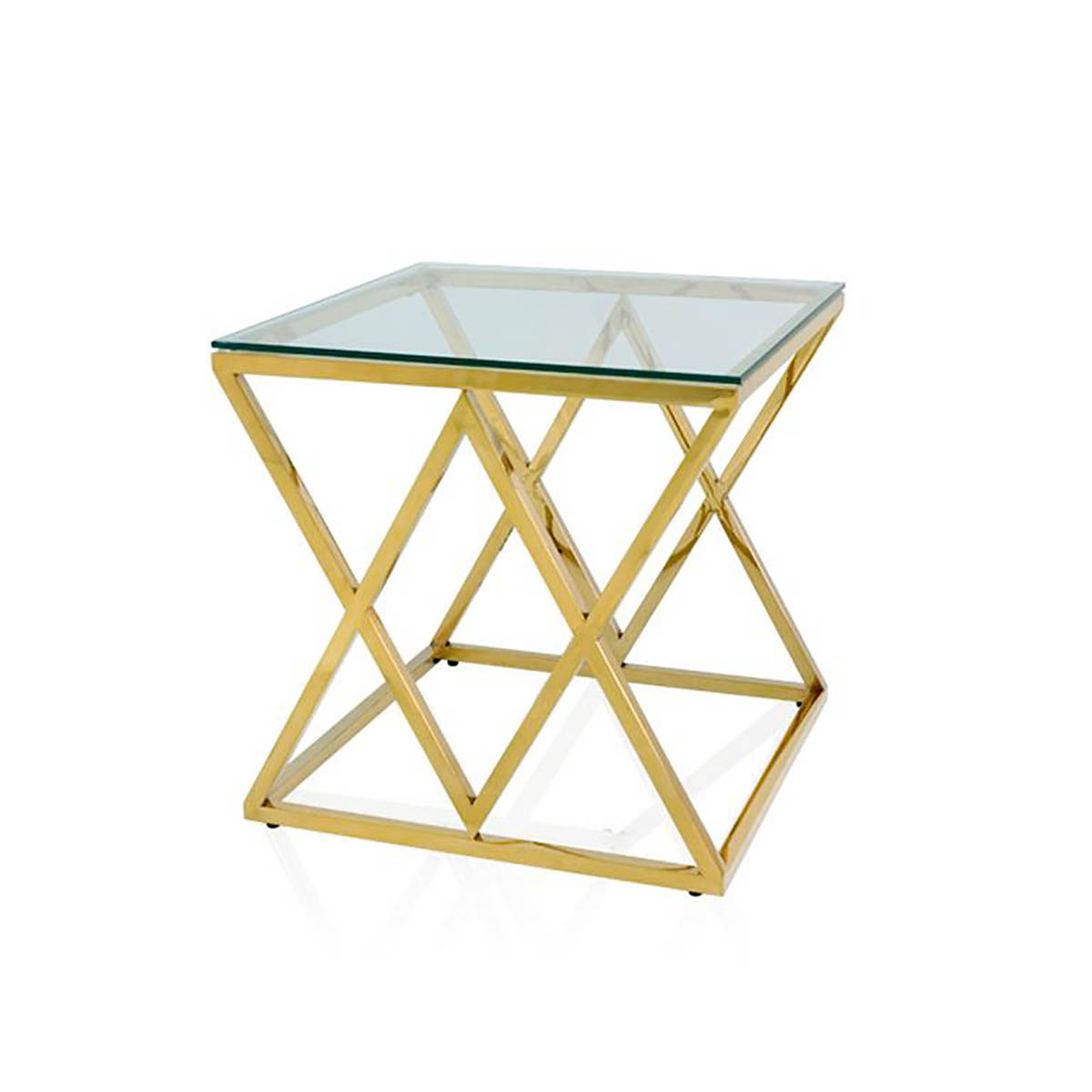 Mesa de apoio quadrada com estrutura dourada e tampo de vidro transparente