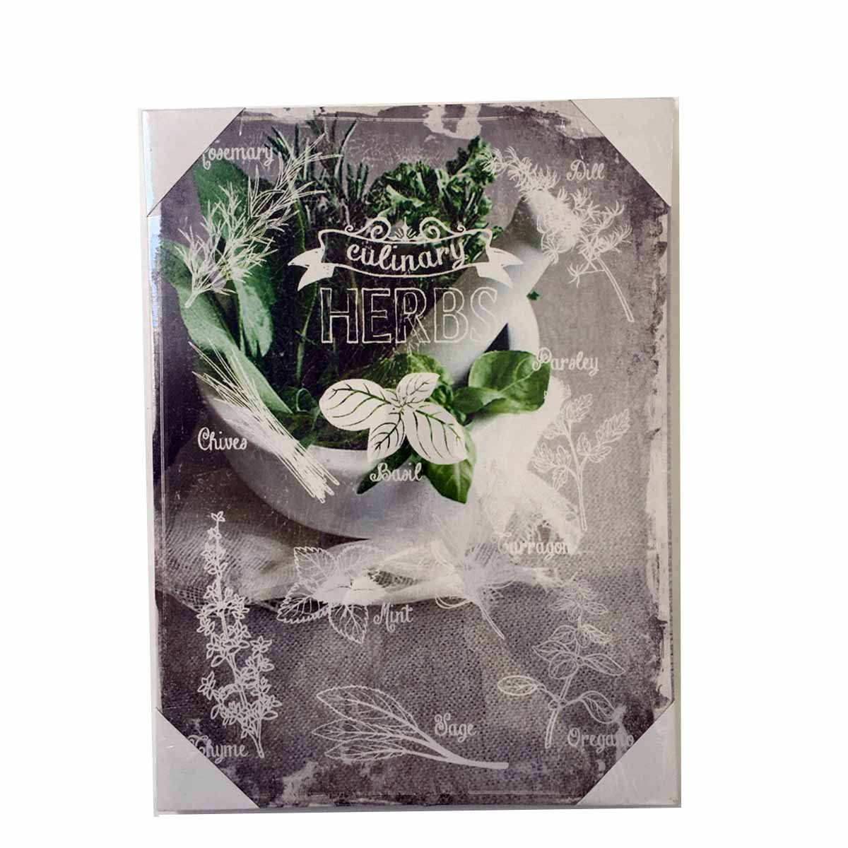 Tela decorativa com desenhos e nomes de ervas culinárias em inglês em fundo cinzento