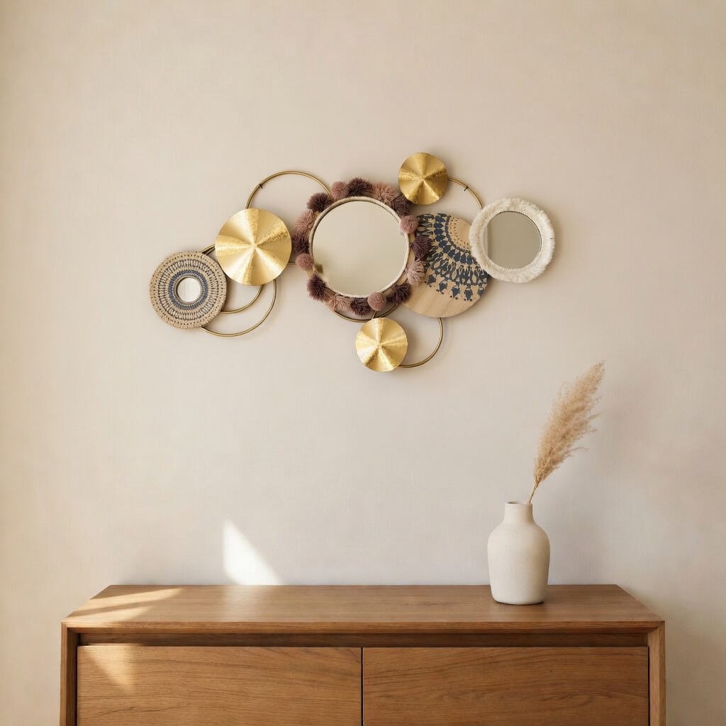 Decoração de parede com espelhos redondos e vaso com planta seca sobre móvel de madeira