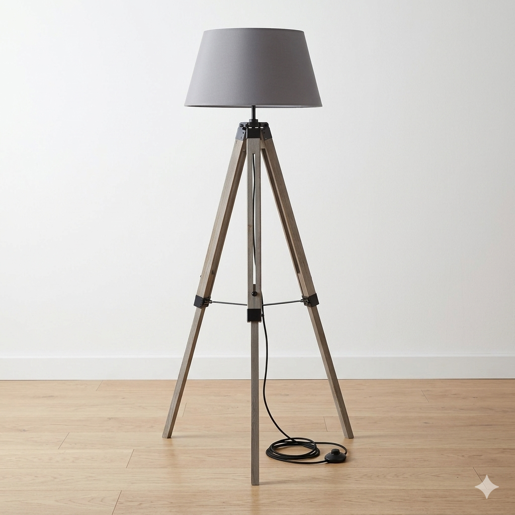 Candeeiro de pé com tripé em madeira e cúpula cinzenta