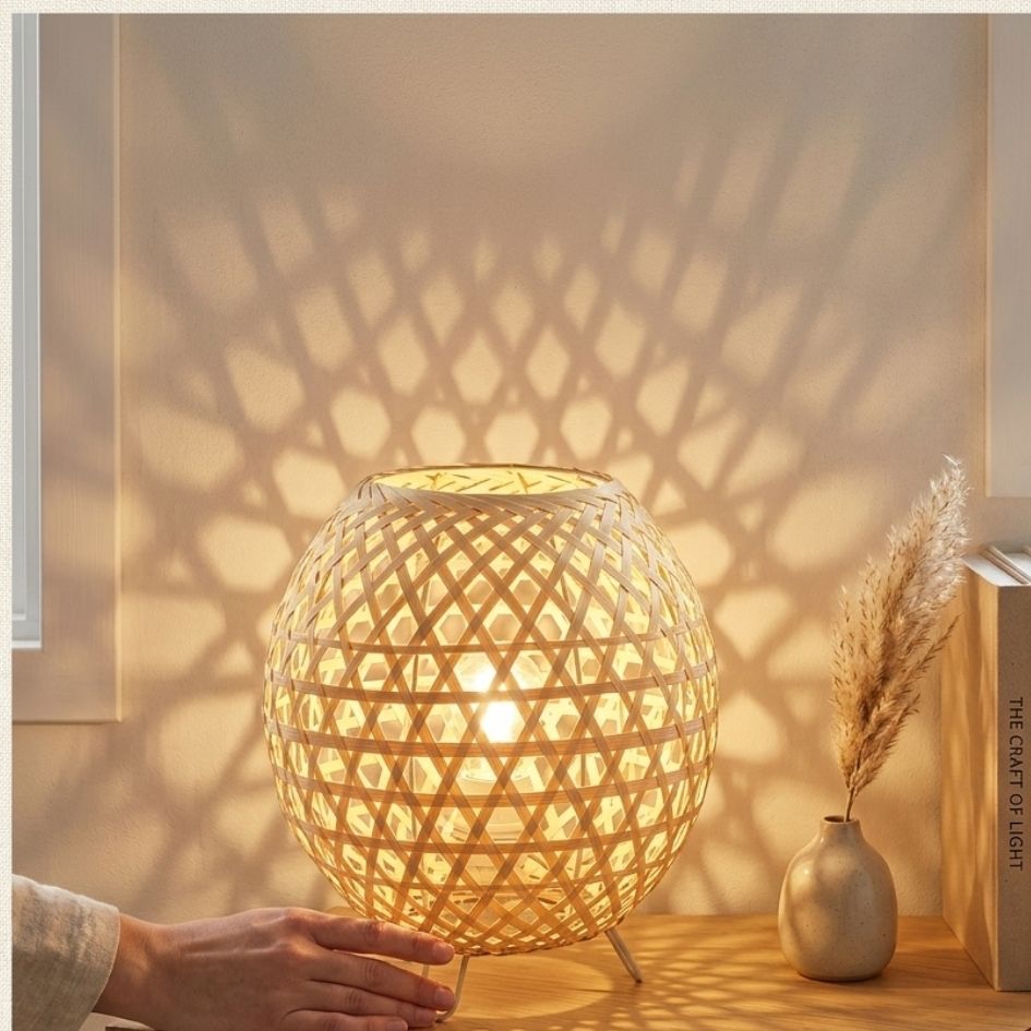 Lâmpada de mesa em vime natural com base metálica e decoração minimalista