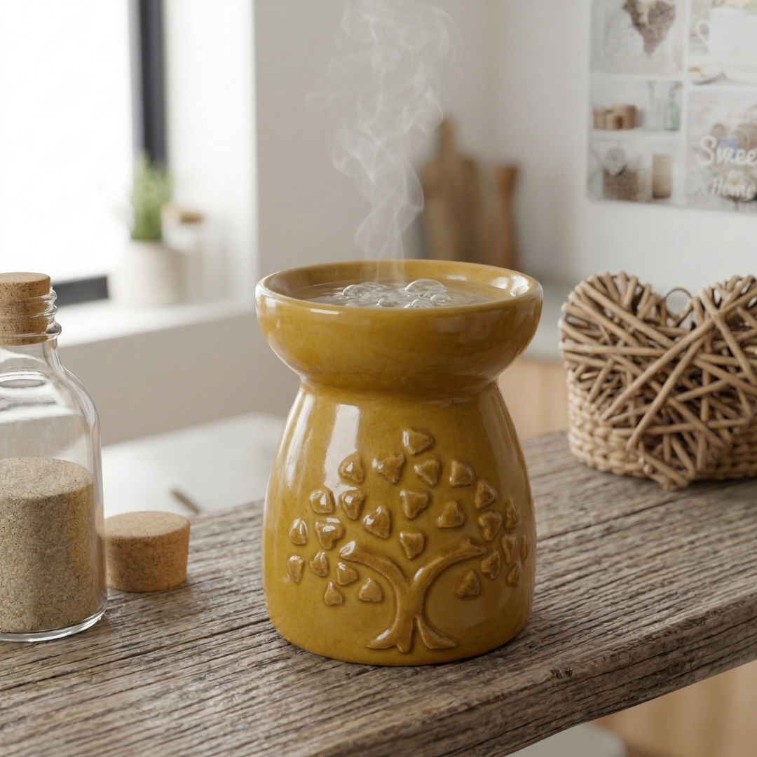 Lâmpada difusora amarela em cerâmica com relevo de árvore