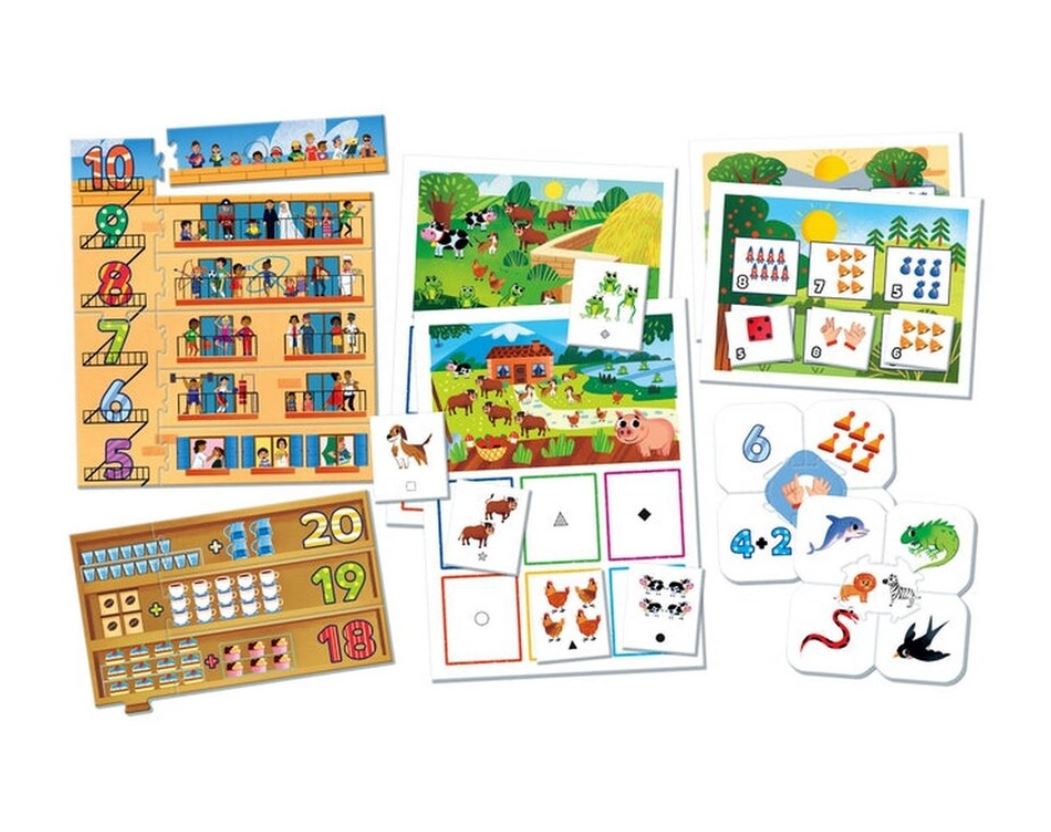 Materiais educativos coloridos com números, animais e gráficos para aprendizagem