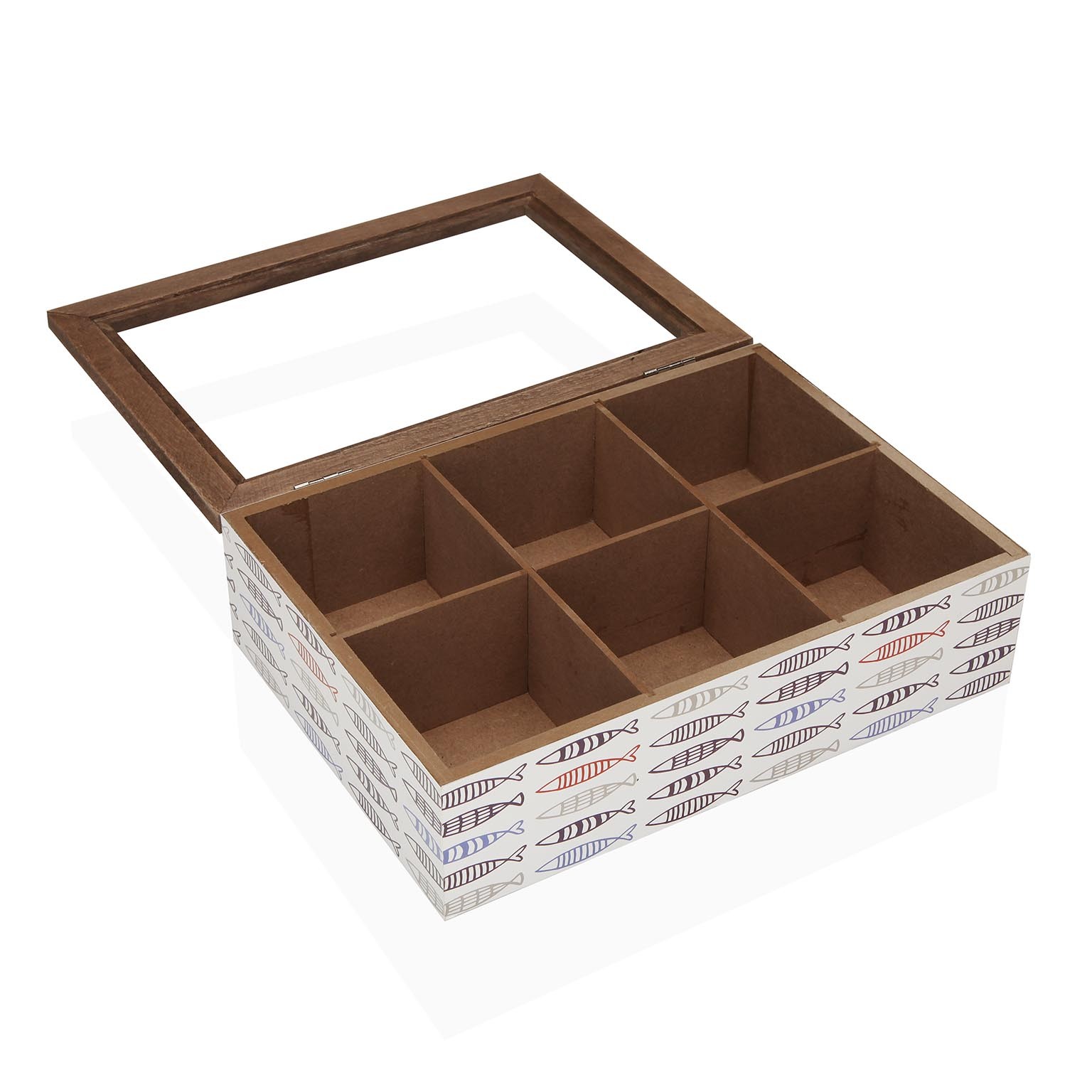 Caixa de arrumação em madeira com seis divisórias e tampa de vidro