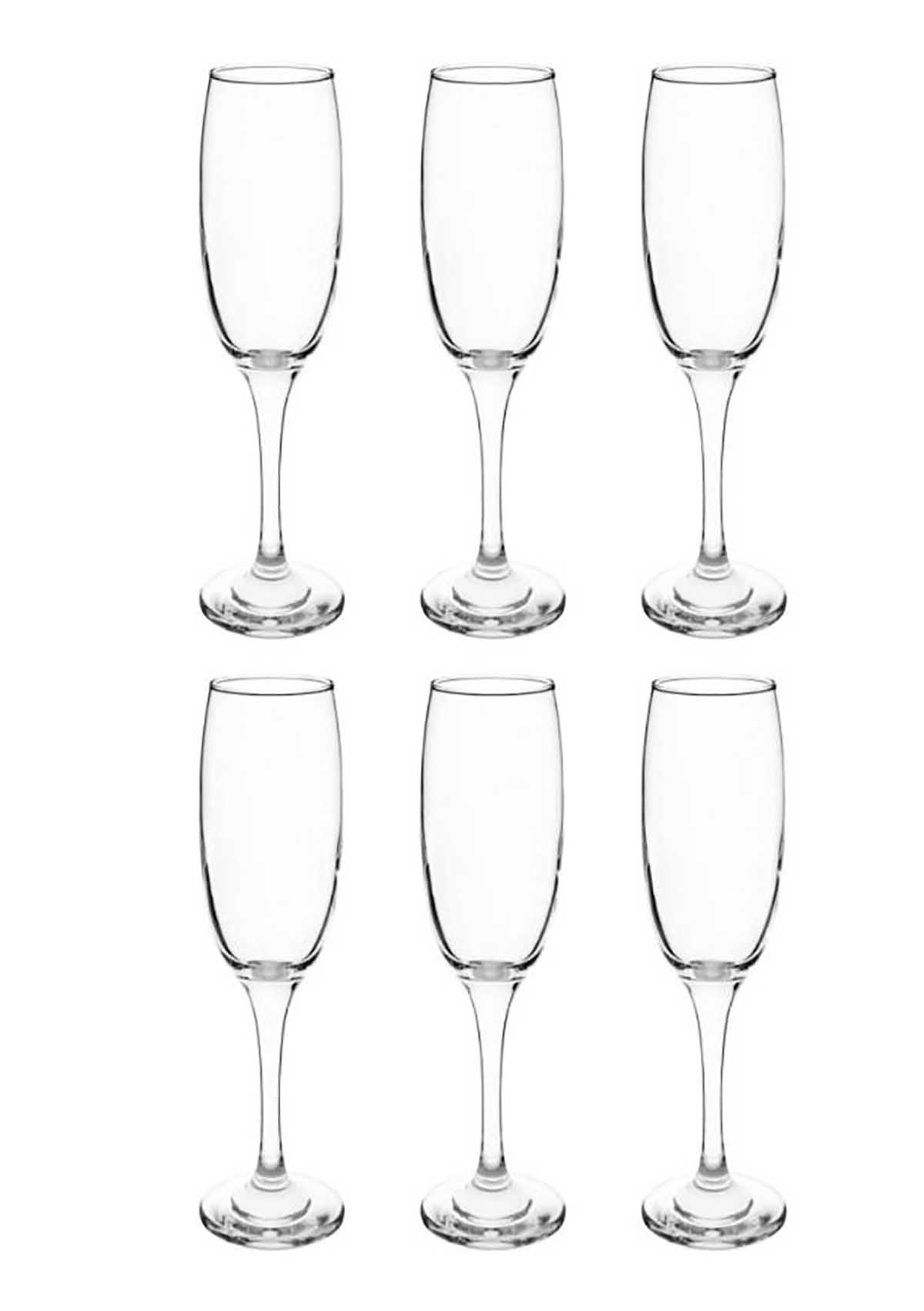 Seis copos de champanhe em vidro transparente com hastes longas