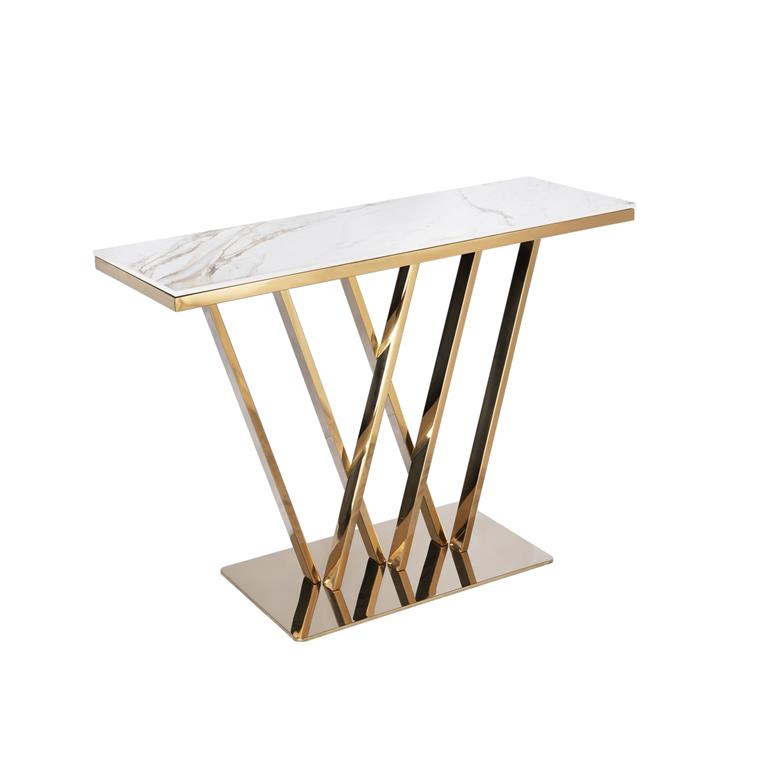 Consola moderna com tampo em mármore branco e estrutura metálica dourada