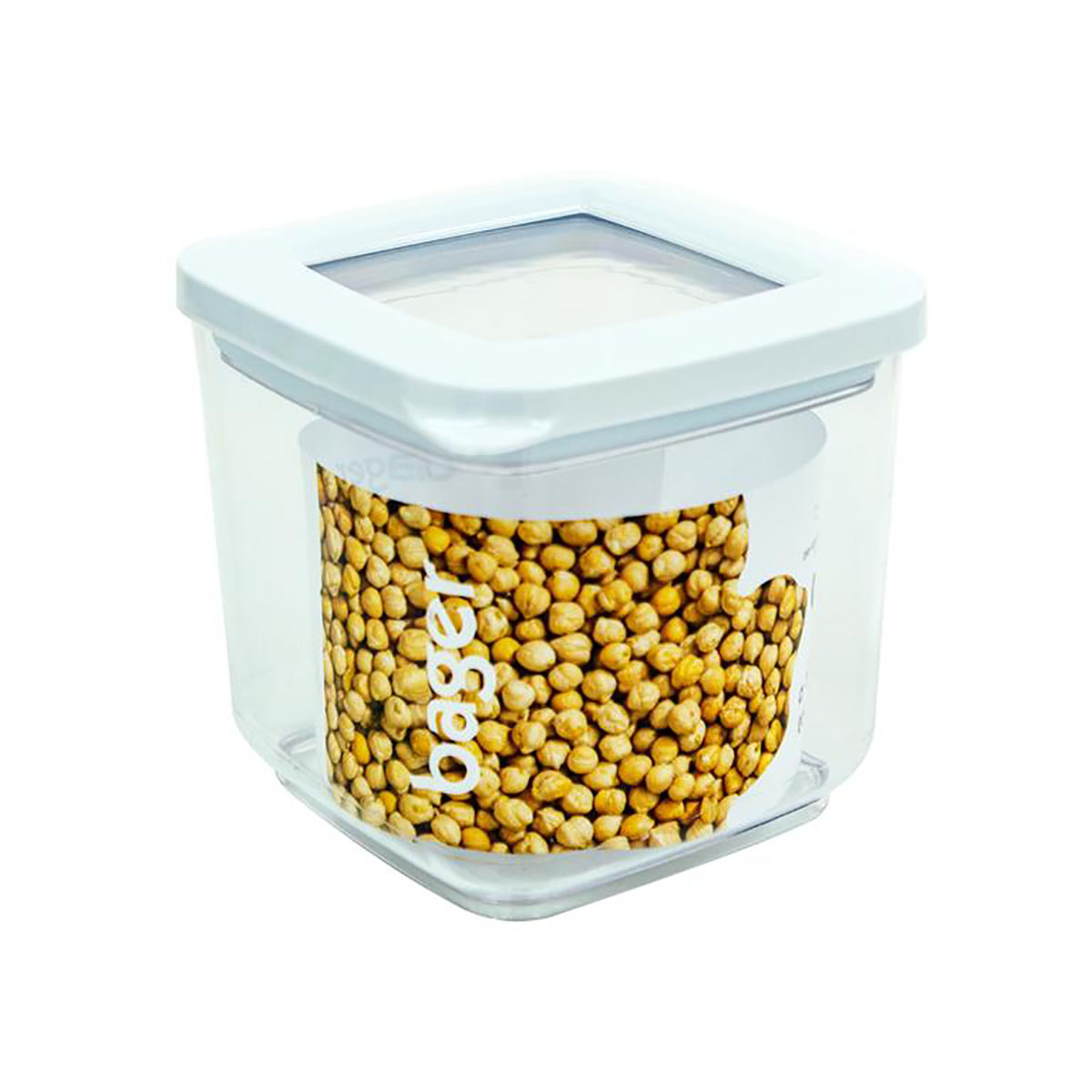 Frasco de armazenamento quadrado transparente com tampa branca contendo grãos amarelos