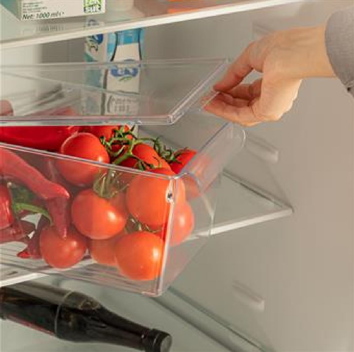 Caixa transparente com tomates e pimentos vermelhos dentro de frigorífico