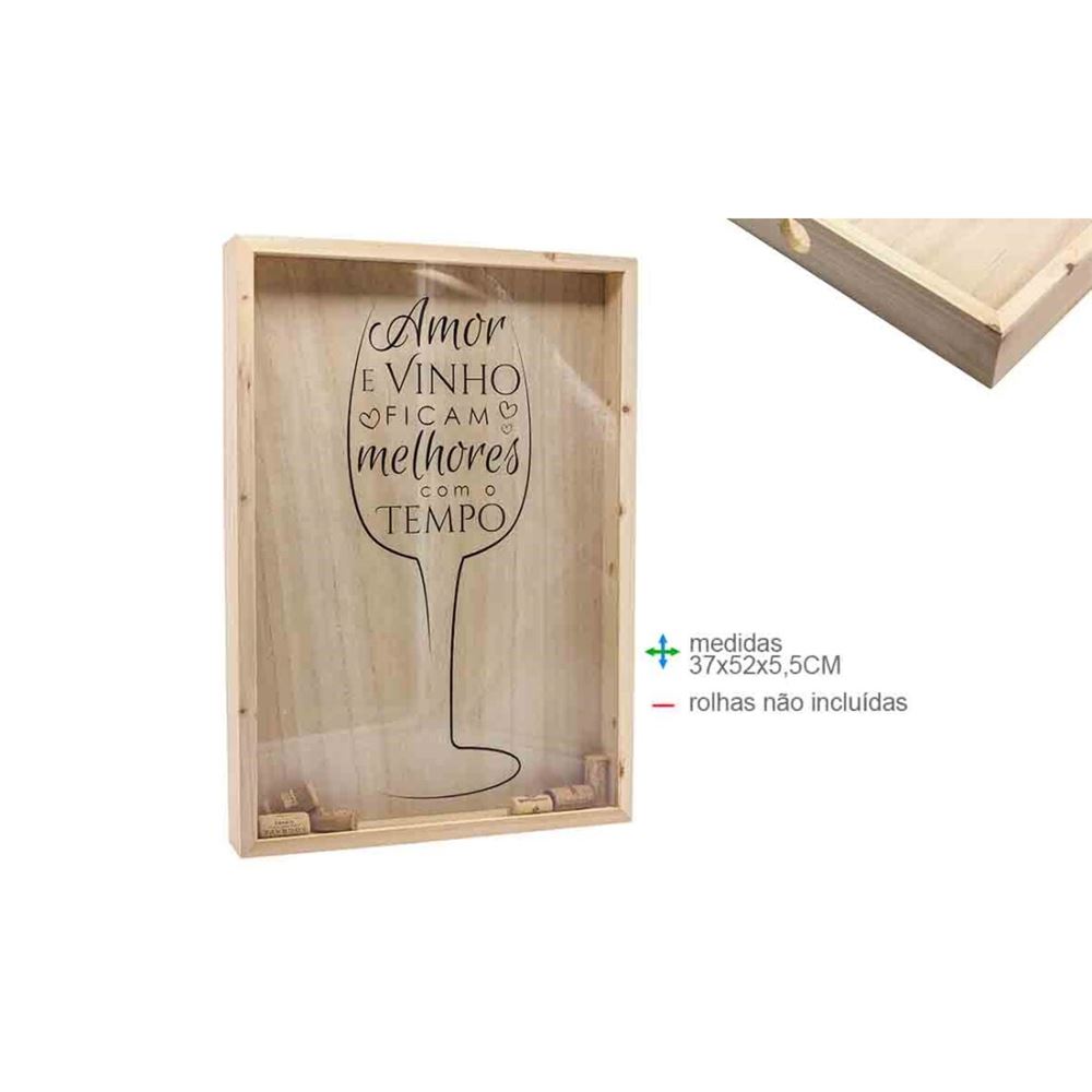 Caixa de madeira com vidro e texto sobre vinho