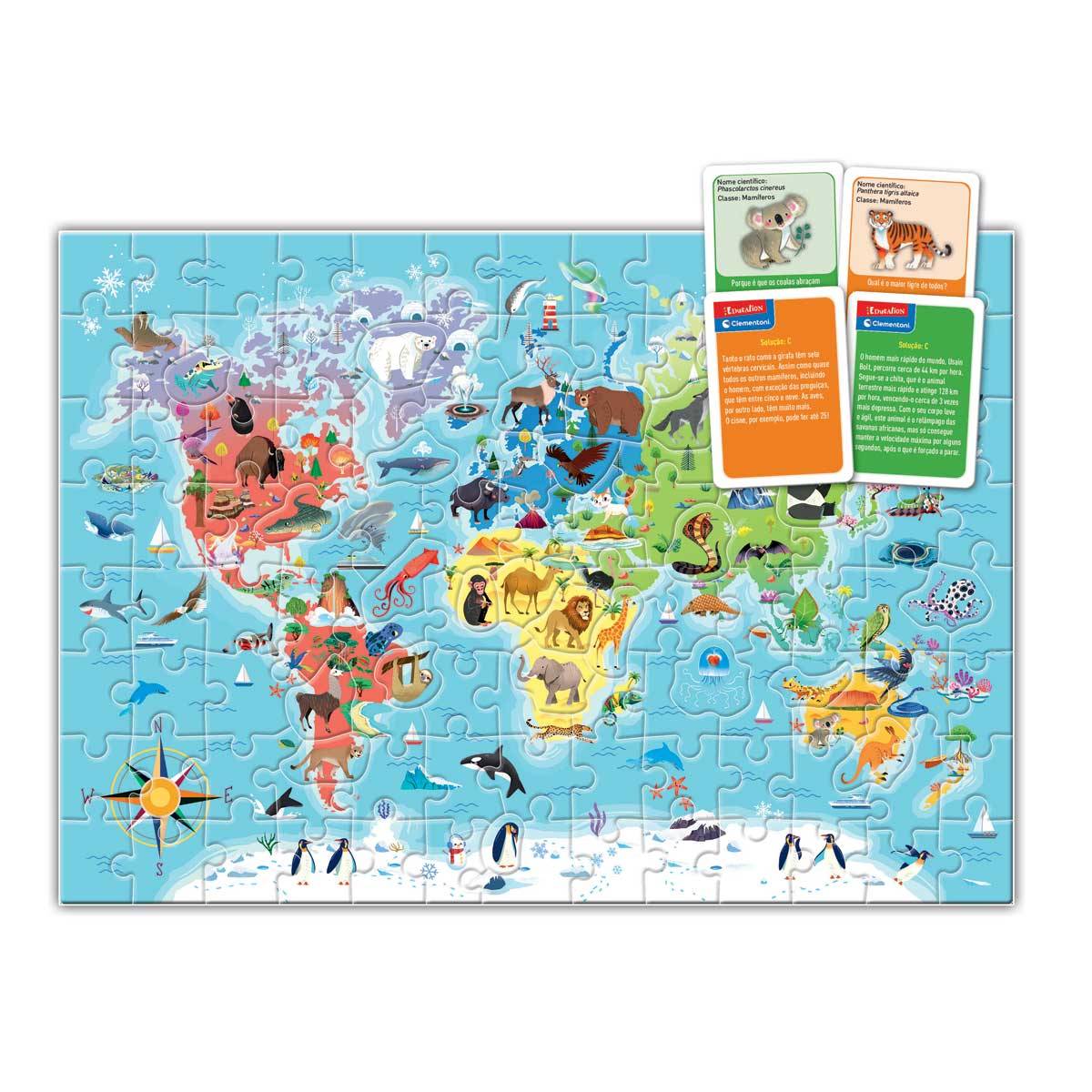 Quebra-cabeças do mapa do mundo com animais e cartas informativas