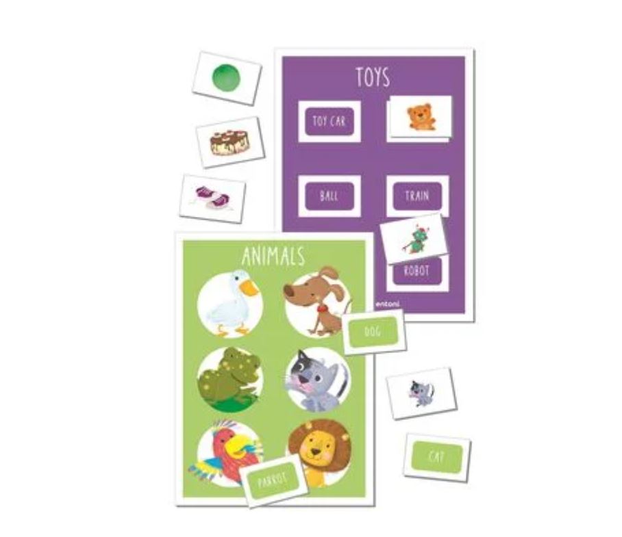 Dois cartazes educacionais coloridos com imagens e palavras em inglês de brinquedos e animais, com fichas pequenas ao redor.