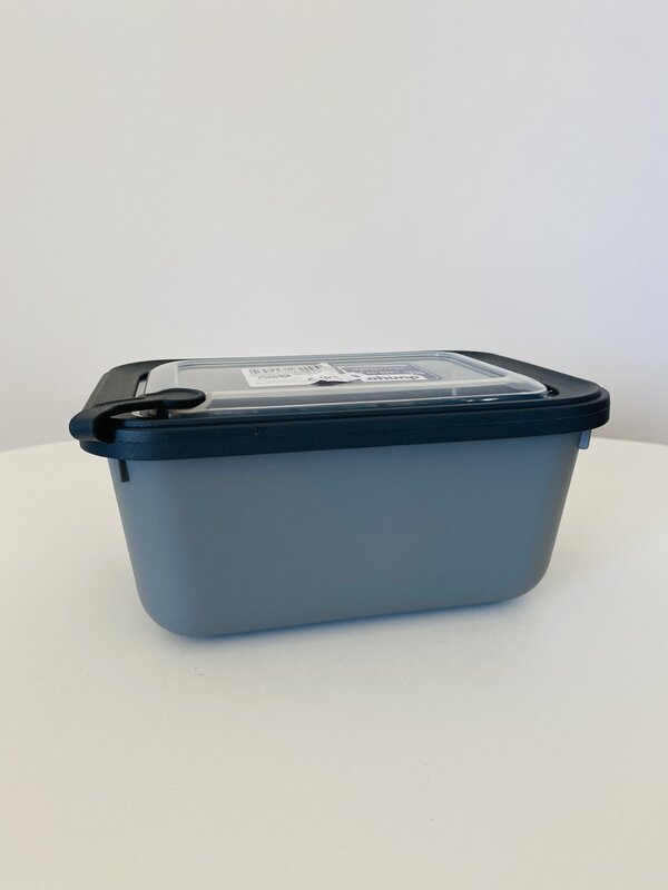 Caixa de plástico cinzenta com tampa transparente e borda preta fechada