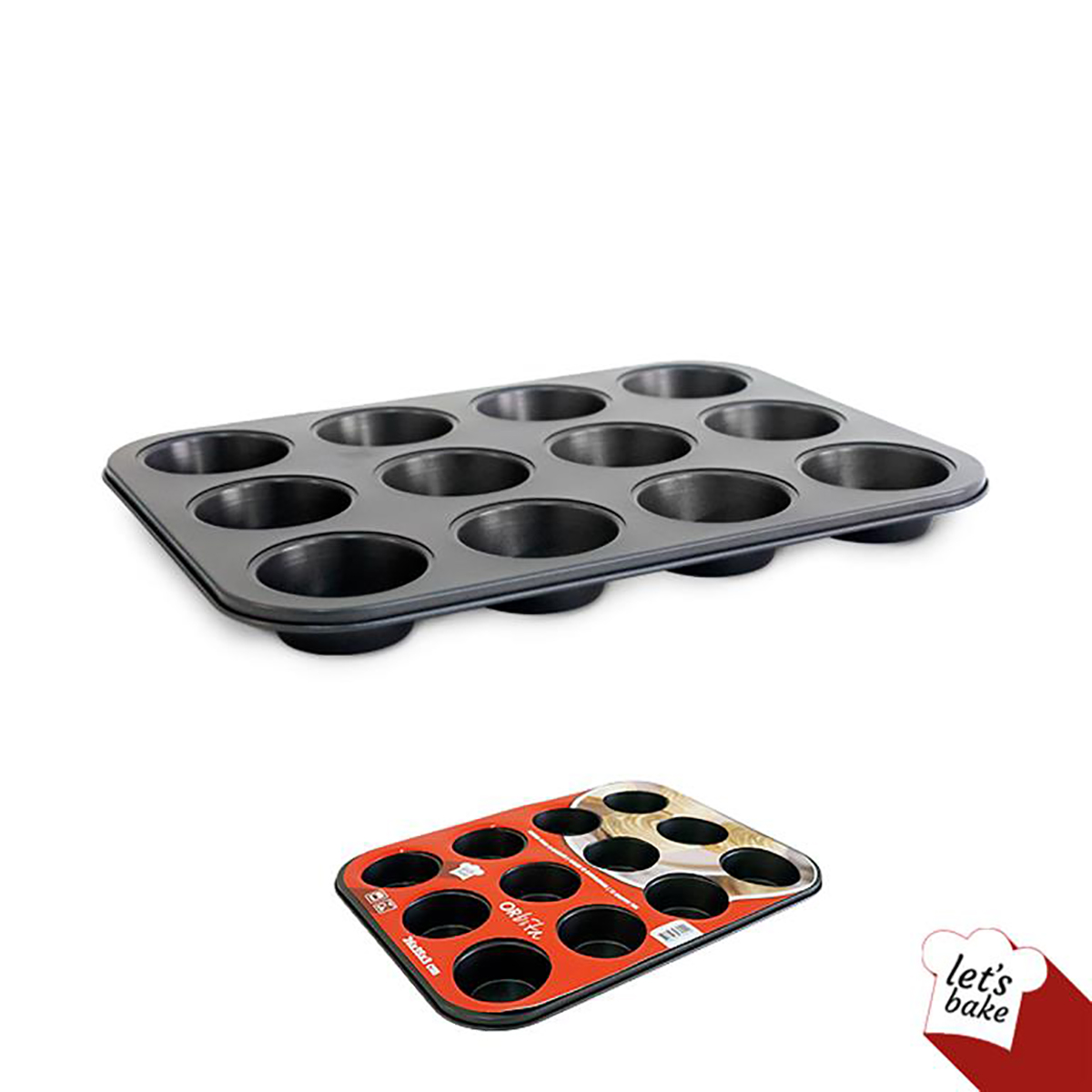 Forma de metal antiaderente para 12 muffins com embalagem 'let's bake'