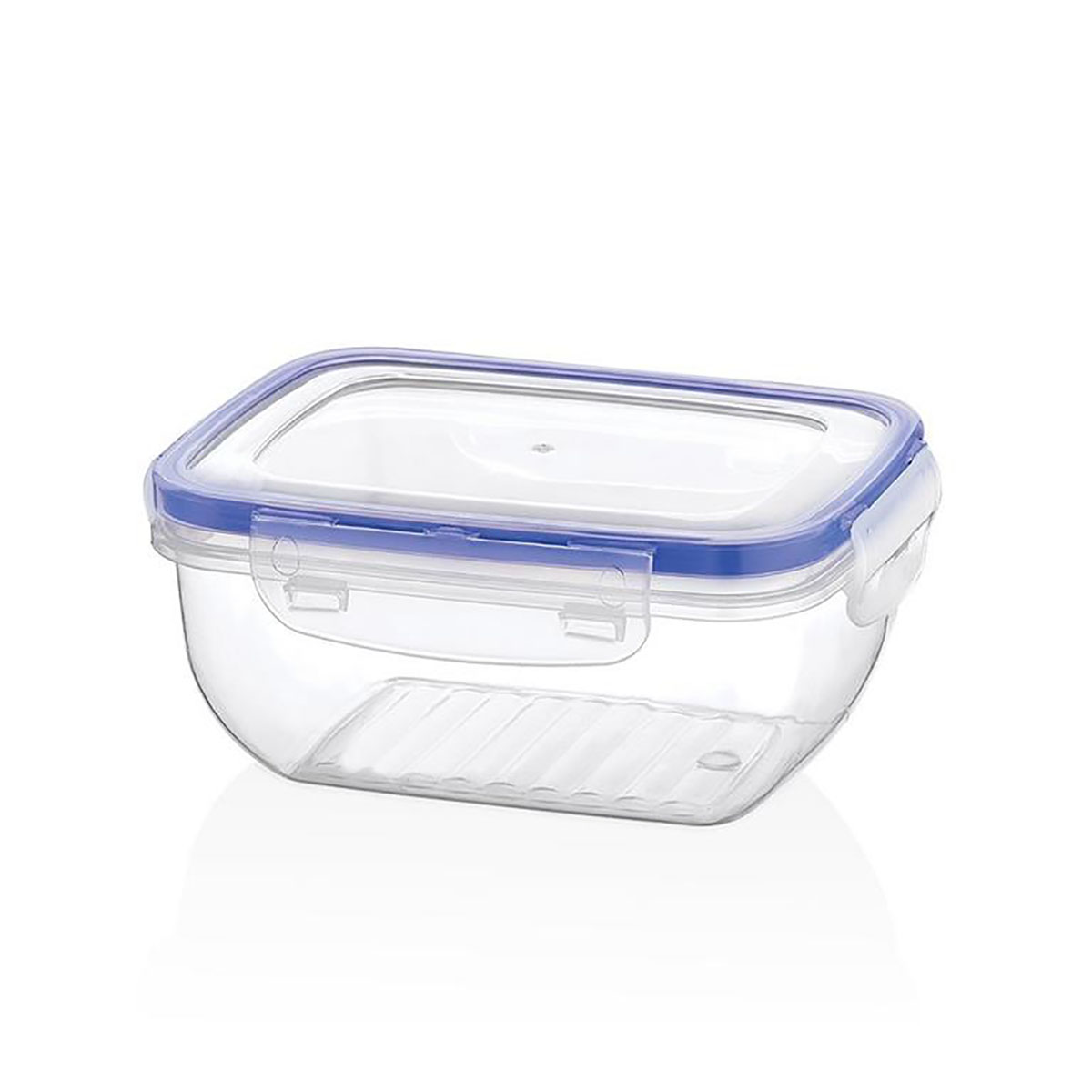 Pote plástico transparente com tampa branca e borda azul