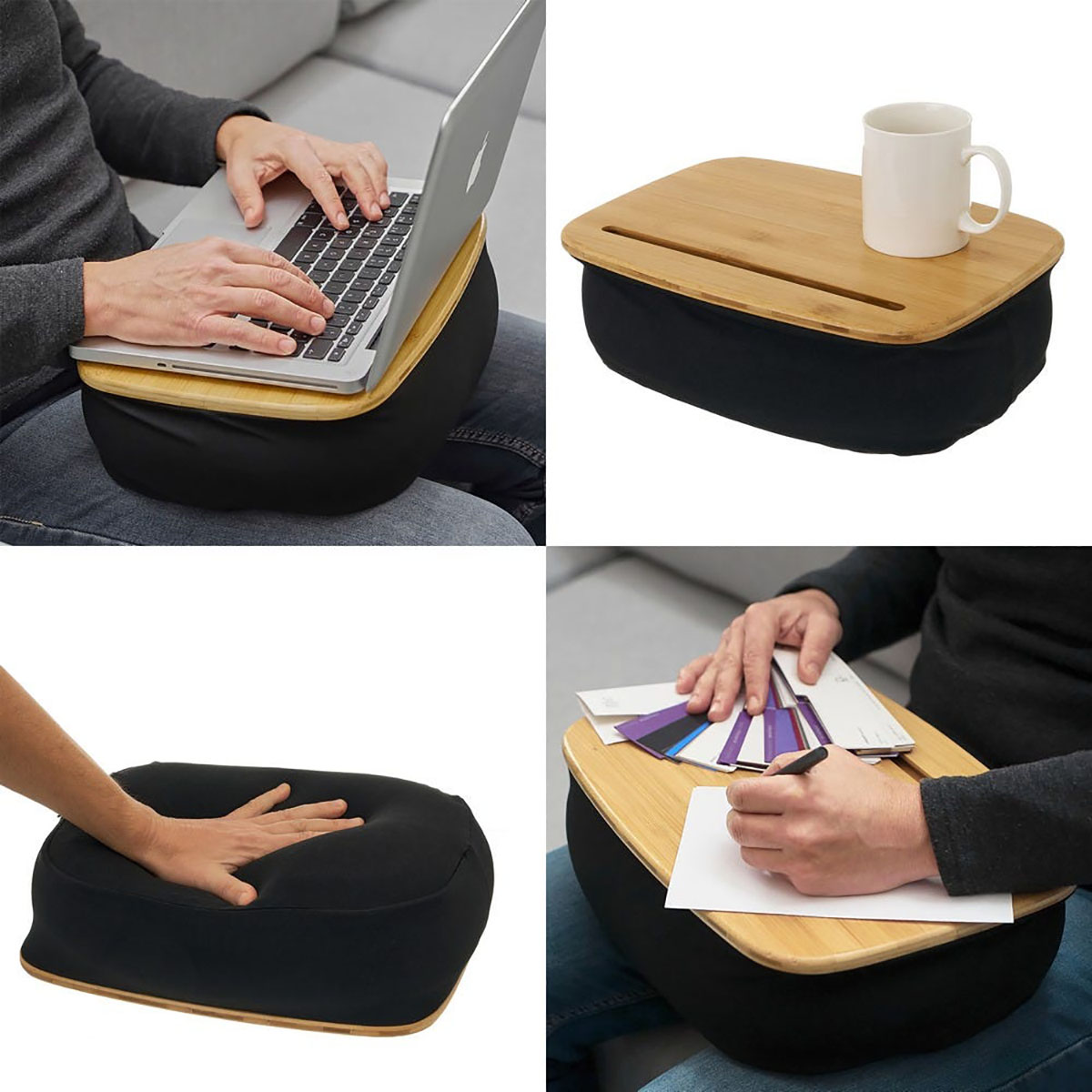 Mesa de apoio portátil com almofada preta e tampo de madeira clara para laptop e escrita