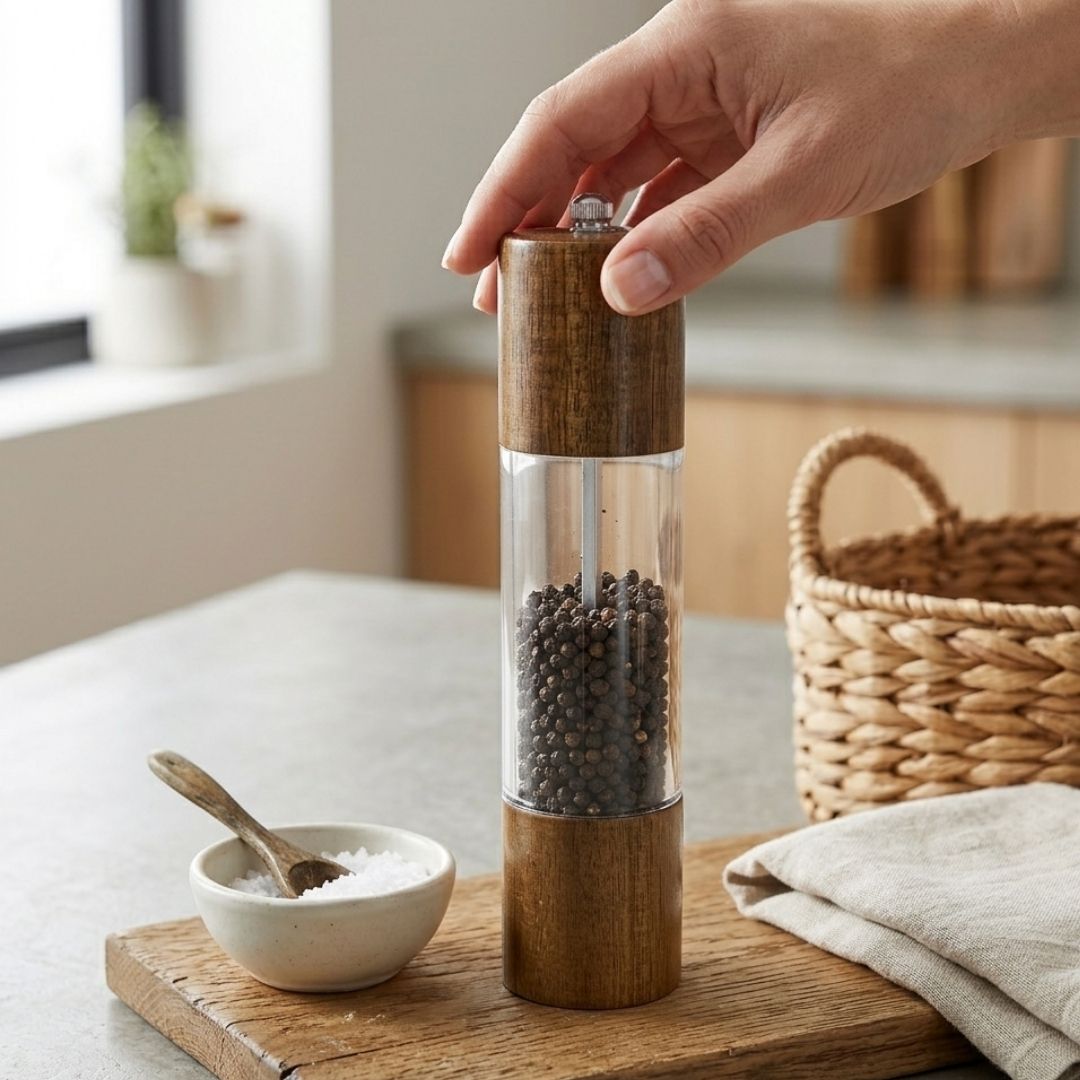 Moinho de pimenta em madeira e transparente com pimenta preta dentro