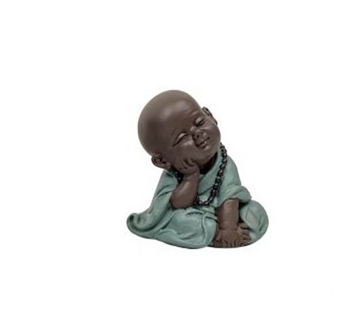 Estatueta decorativa Buda bebê sentado com túnica verde-água e colar de contas