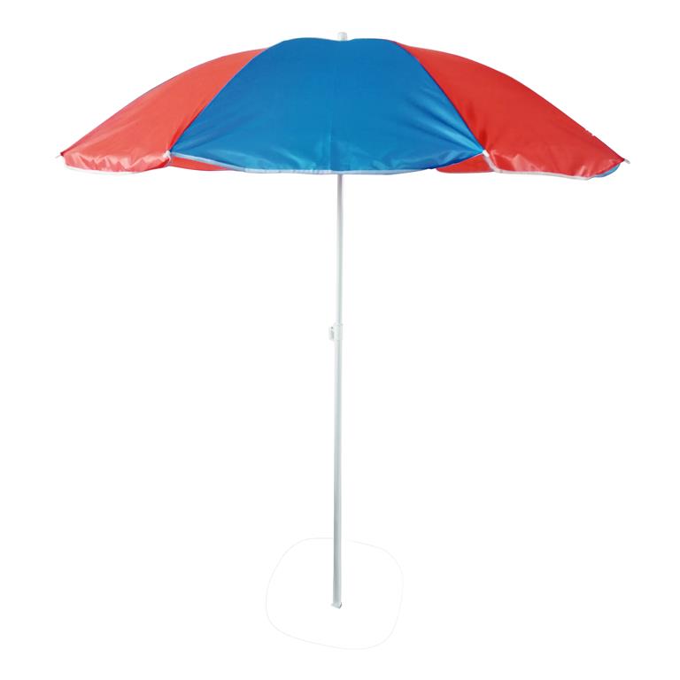 Guarda-sol azul e vermelho com estrutura branca