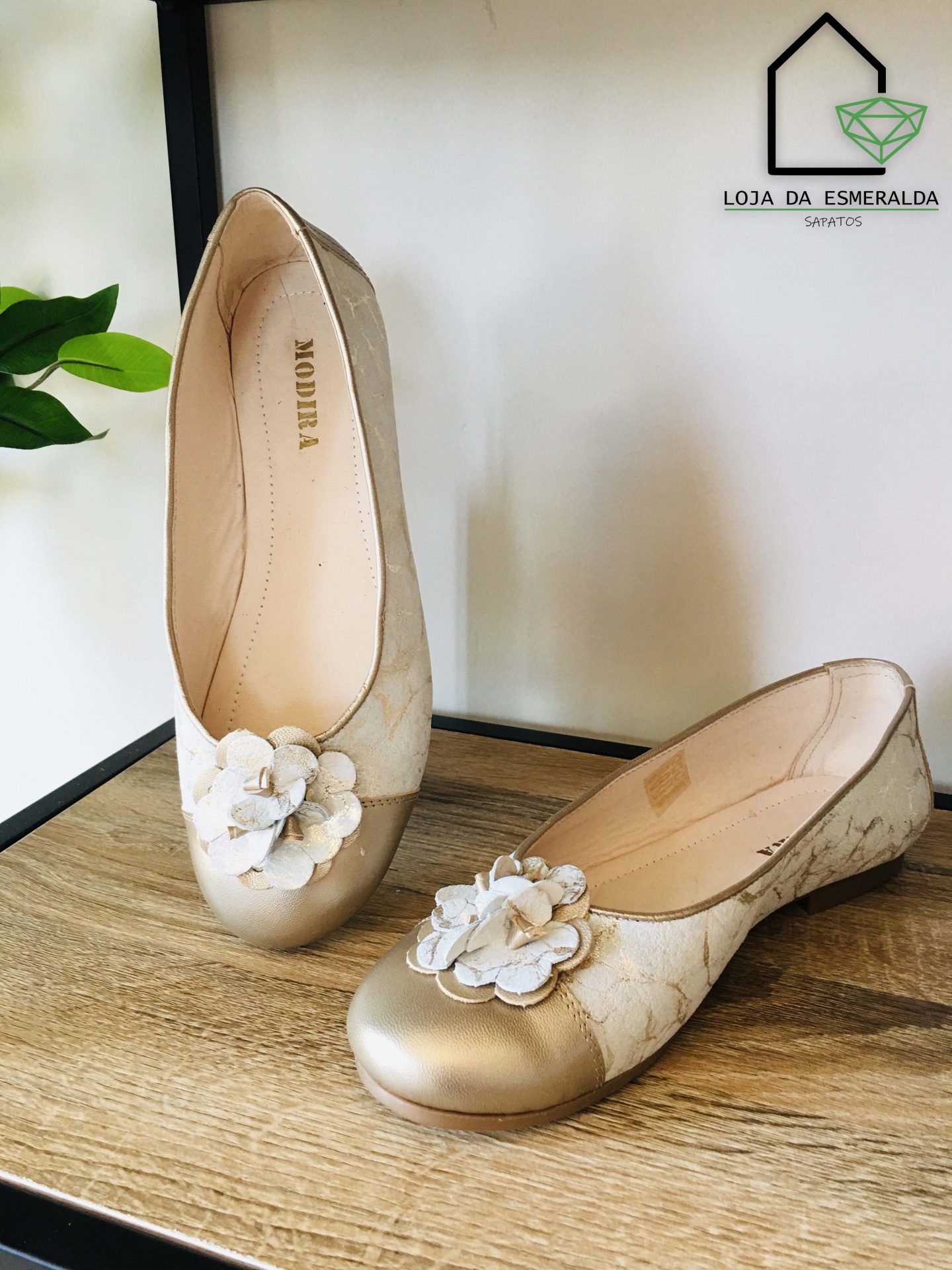 Sapatos flats femininos bege claro com decoração de flores e detalhe dourado