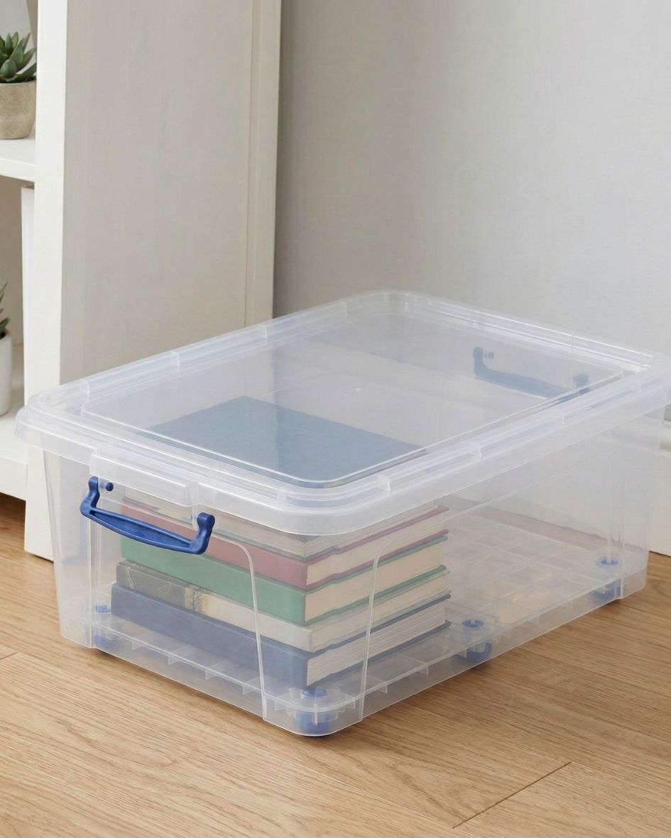 Caixa organizadora transparente com livros no chão de madeira