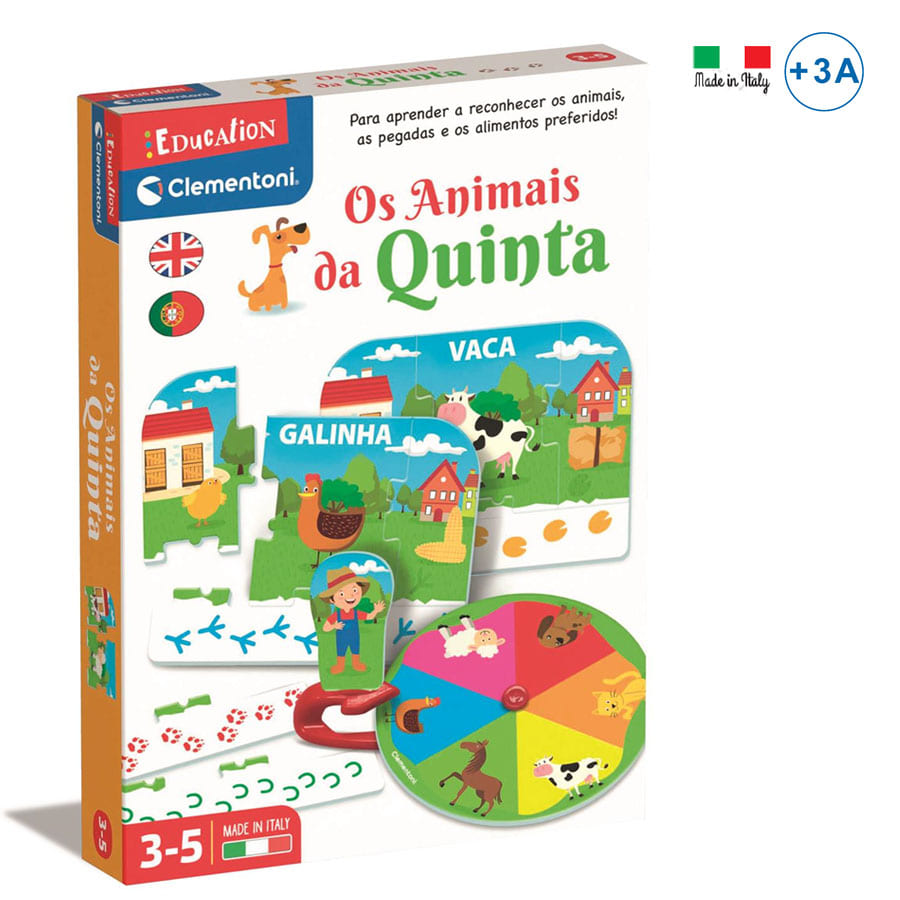 Jogo educativo infantil Os Animais da Quinta com peças ilustradas e roda giratória