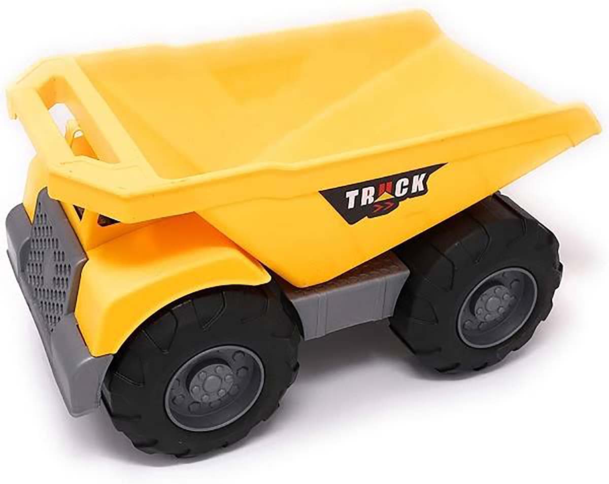 Brinquedo caminhão amarelo com rodas pretas e inscrição TRUCK