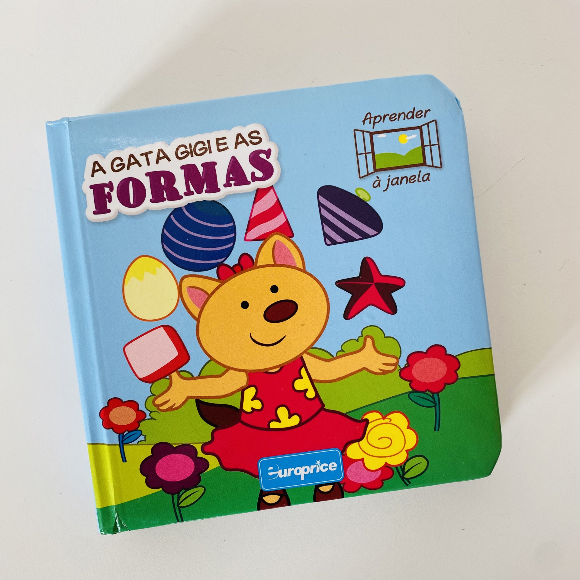Livro infantil A GATA GIGI E AS FORMAS com capa azul e ilustrações coloridas