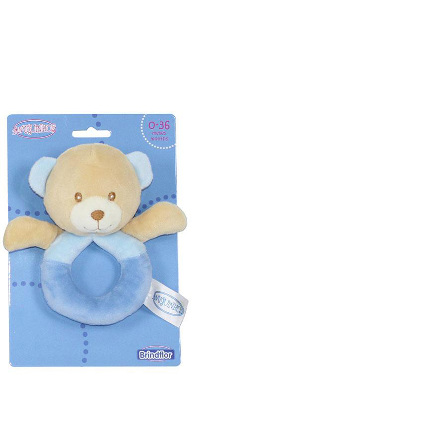 Brinquedo para bebé ursinho castanho e azul claro em cartolina azul