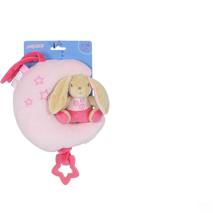 Peluche de lua cor-de-rosa com coelho bege e rosa sentado e pendente em forma de estrela.
