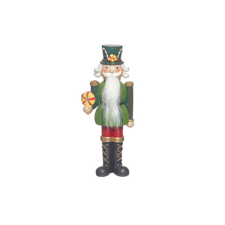 Figura decorativa de soldado de madeira verde e vermelho com doce na mão