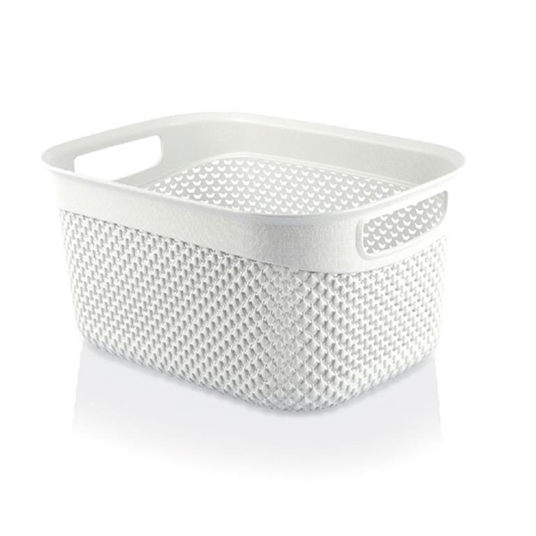Cesto branco de plástico com padrão vazado e alças retangulares