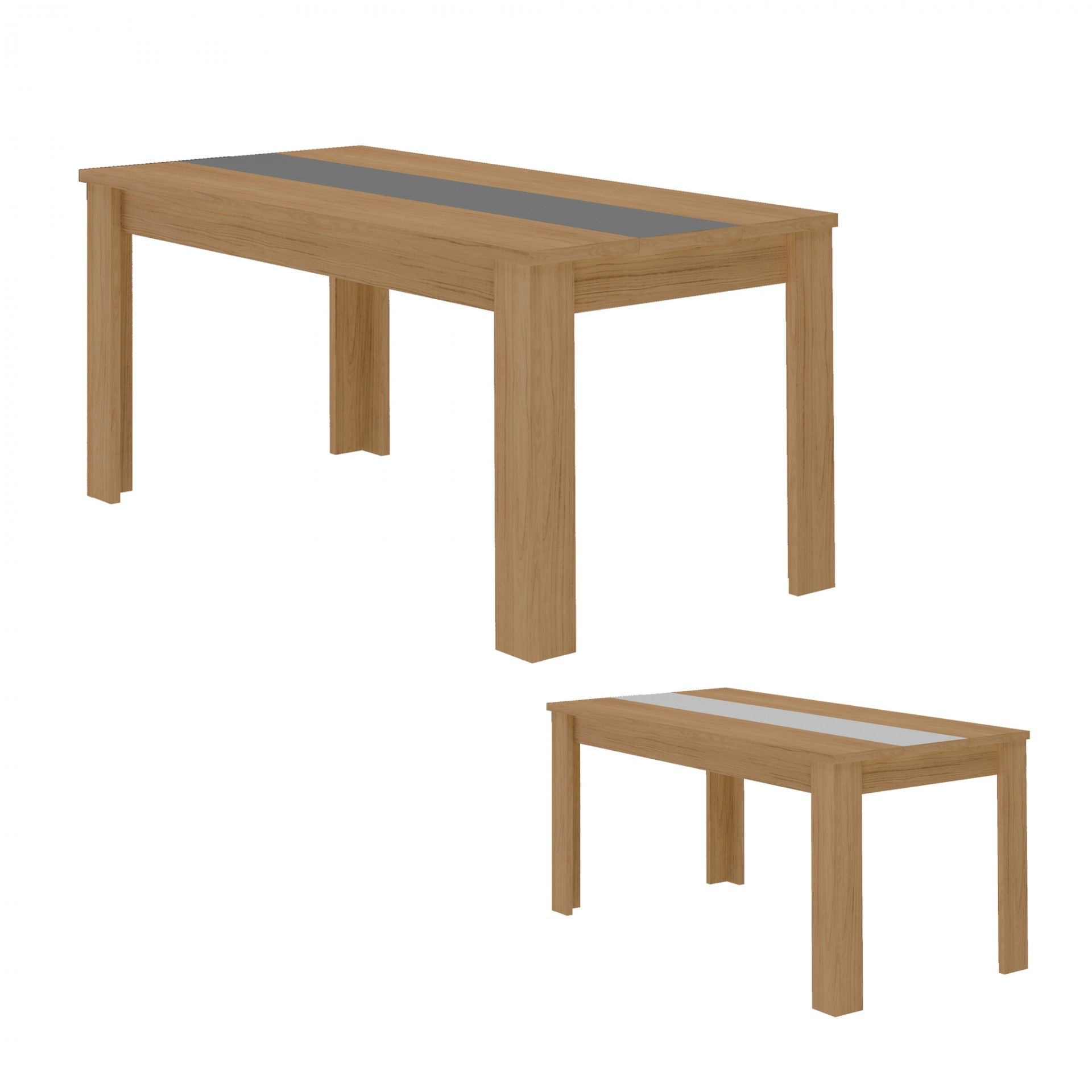 Mesa de jantar retangular em madeira clara com faixa cinza no centro