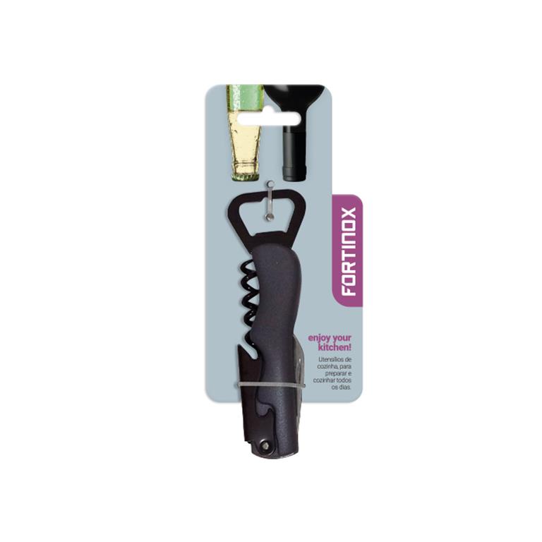 Abridor de vinho preto em embalagem azul claro com texto Fortinox