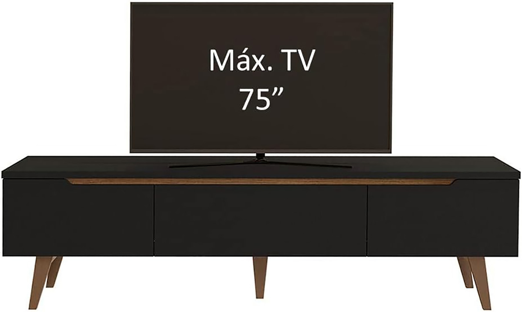 Móvel TV preto com texto Máx. TV 75” no ecrã