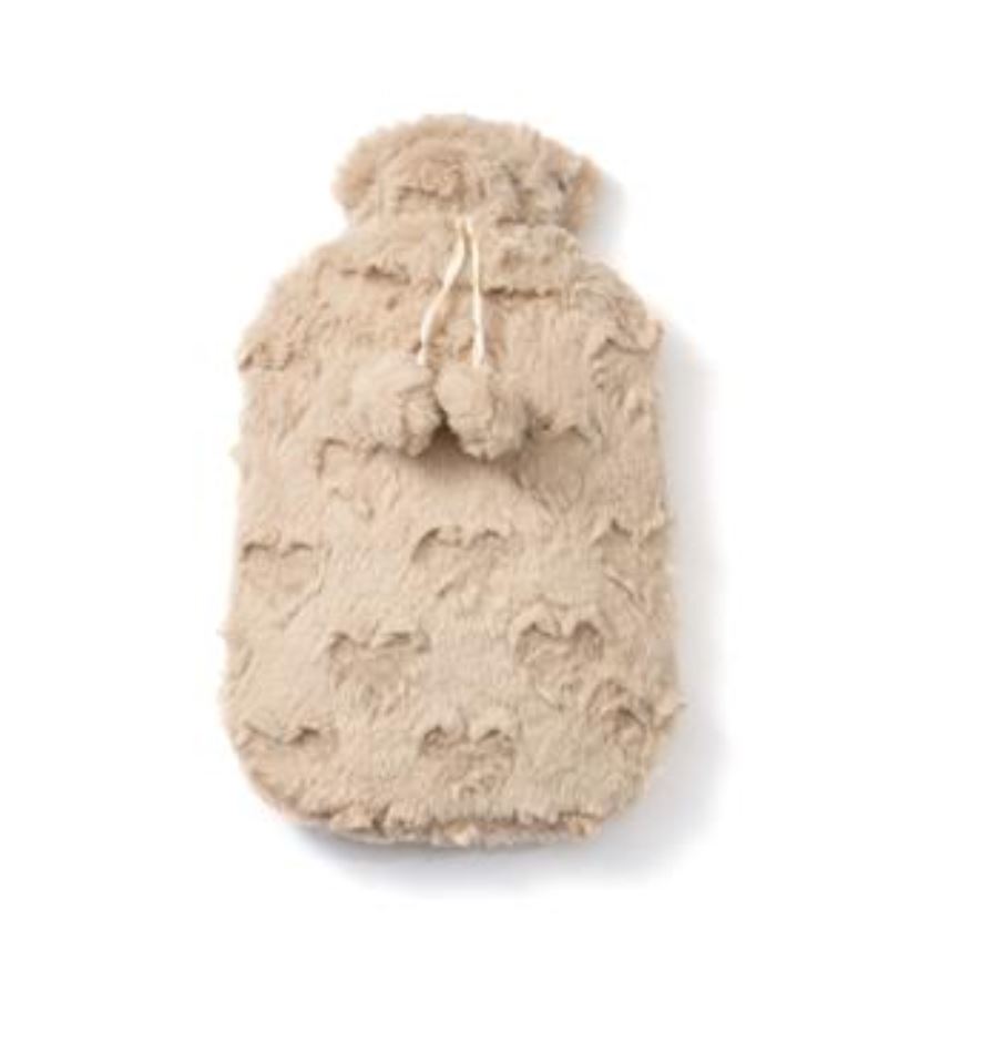 Parka para cão bege em tecido peludo com capuz e pompons