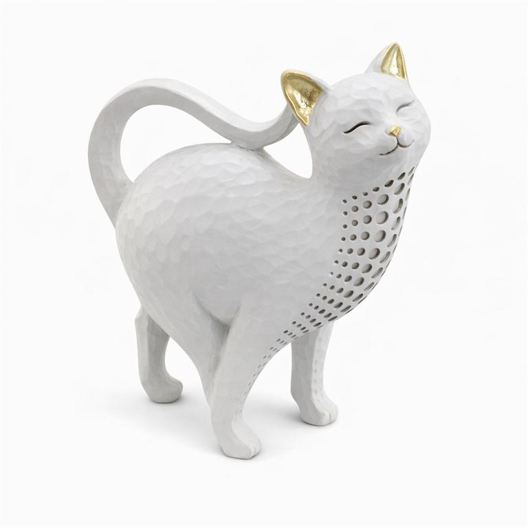 Figura decorativa branca de gato com detalhes dourados e textura martelada