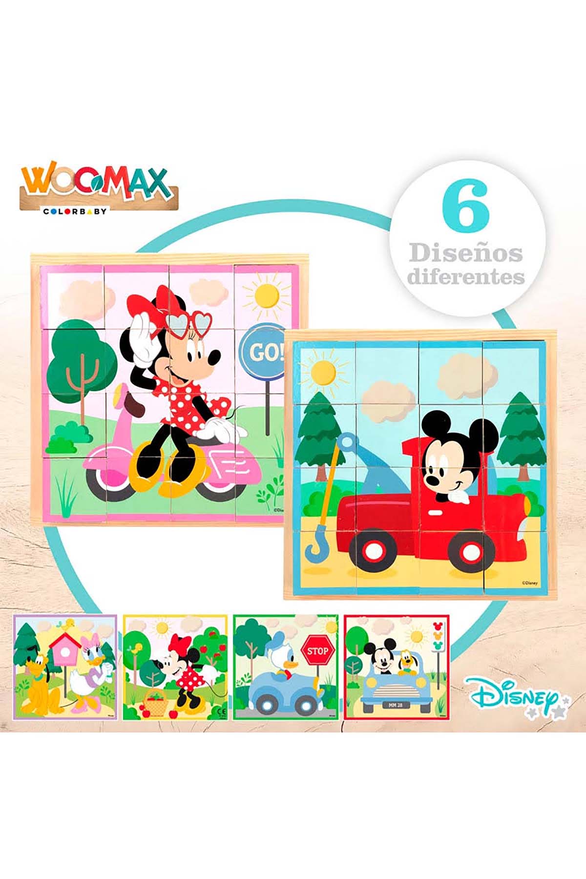 Cubos de madeira Disney com personagens Minnie e Mickey em cenas coloridas