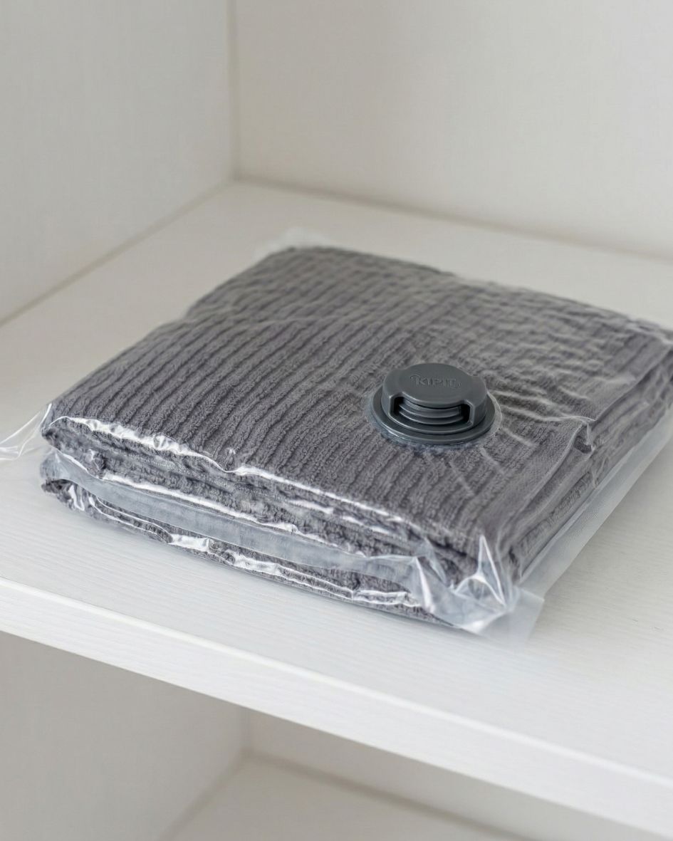 Saco de armazenamento a vácuo com manta cinzenta na prateleira branca